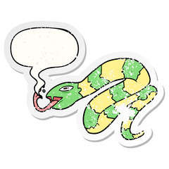 cartoon hissing snake and speech bubble distressed sticker