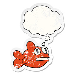 cartoon fish and thought bubble as a distressed worn sticker