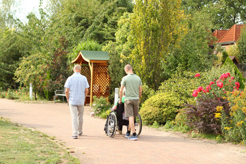Fototapeta premium two men walk with a disabled woman in a wheelchair along the path of a summer park with flowering shrubs on a bright sunny day, rear view