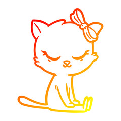 warm gradient line drawing cute cartoon cat with bow