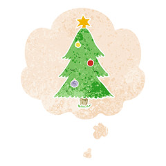 cartoon christmas tree and thought bubble in retro textured style