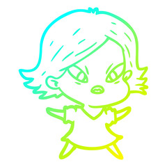 cold gradient line drawing cartoon stressed woman