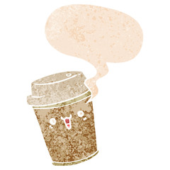 cartoon take out coffee and speech bubble in retro textured style