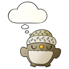 cute cartoon owl in hat and thought bubble in smooth gradient style