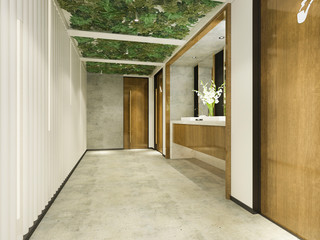 3d rendering wood and modern tile public toilet with green wall decor