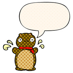 cartoon happy teddy bear and speech bubble in comic book style