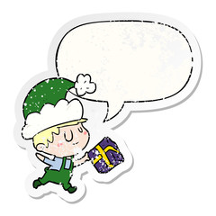 cartoon happy christmas elf and present and speech bubble distressed sticker