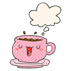 cute cartoon cup and saucer and thought bubble in comic book style