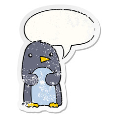 cartoon penguin and speech bubble distressed sticker