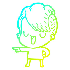cold gradient line drawing cute cartoon girl with hipster haircut