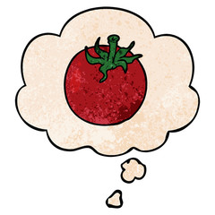 cartoon tomato and thought bubble in grunge texture pattern style