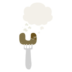 cartoon sausage on fork and thought bubble in retro style