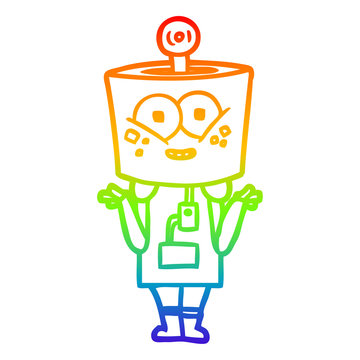 recommend clip art: rainbow gradient line drawing happy cartoon robot shrugging shoulders
