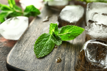 Ice cubes and fresh mint on wooden board, closeup