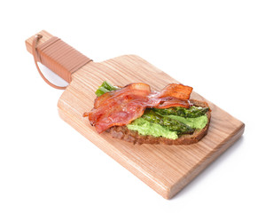 Board with tasty toast on white background