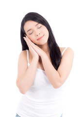 Fototapeta premium Portrait of beautiful woman asian makeup of cosmetic, girl hand touch cheek and smile attractive, face of beauty perfect with wellness isolated on white background with skin healthcare concept.