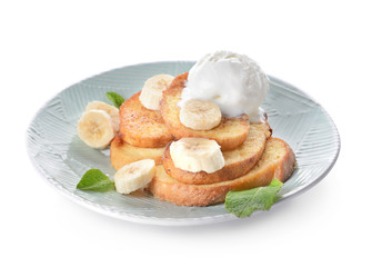 Plate with tasty French toasts, banana and ice cream on white background