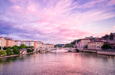 Fototapeta na wymiar A view of Lyon, France along the Saône river at sunset.