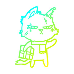cold gradient line drawing tough cartoon cat with christmas present