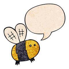 cartoon bee and speech bubble in retro texture style