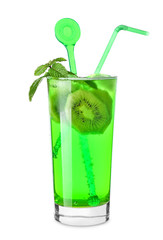 Glass of tasty summer cocktail on white background