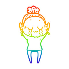 rainbow gradient line drawing cartoon old woman crying