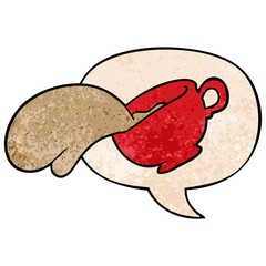 cartoon mug of coffee and speech bubble in retro texture style