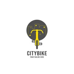 City bike bicycle rent logo icon, bicycle logo with city night silhouette background illustration icon logo