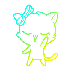 cold gradient line drawing cartoon cat with bow on head waving