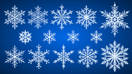 Fototapeta na wymiar Set of beautiful complex Christmas snowflakes, white on blue background