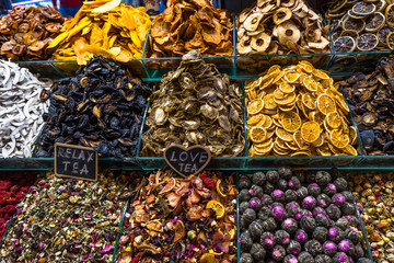 Dried fruit and spice on sale at Istanbul Spice Bazaar (Egyptian Bazaar), Turkey