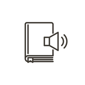 Closed book with a sound volume icon. Vector thin line illustration for audiobooks, playlists and podcasts