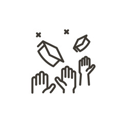 Fototapeta premium Hand celebrating graduation from school or college throwing academic hats in the air. Vector thin line icon related with education. Hands partying, stars and mortarboards