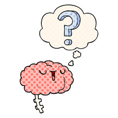 cartoon curious brain and thought bubble in comic book style