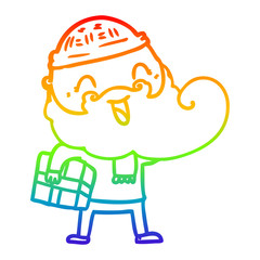 rainbow gradient line drawing happy bearded man holding christmas present