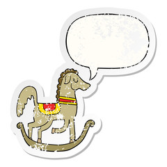 cartoon rocking horse and speech bubble distressed sticker