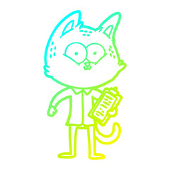 cold gradient line drawing cartoon cat with clipboard
