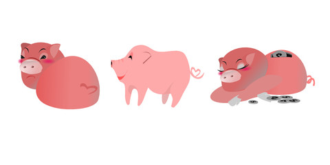 Year of the Pig and New Year 2019 and Chinese New Year.  Flat illustration for decoration. Colorful cute cartoon character on background isolated.