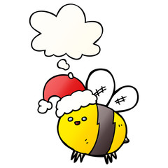 cute cartoon bee wearing christmas hat and thought bubble in smooth gradient style