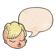 cartoon female face and speech bubble in retro texture style
