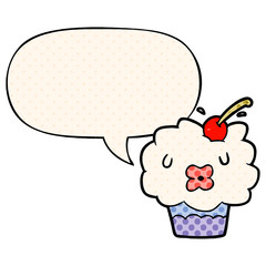 funny cartoon cupcake and speech bubble in comic book style