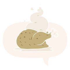 cartoon whole cooked chicken and speech bubble in retro style