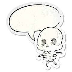 cute cartoon skeleton and speech bubble distressed sticker