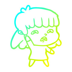 cold gradient line drawing cartoon worried woman