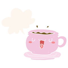 cute cartoon cup and saucer and speech bubble in retro style