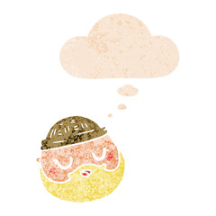 cartoon male face with beard and thought bubble in retro textured style
