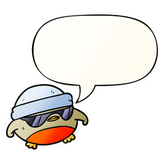 cool christmas robin cartoon and sunglasses and speech bubble in smooth gradient style