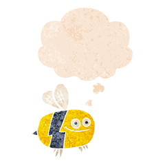 cartoon bee and thought bubble in retro textured style