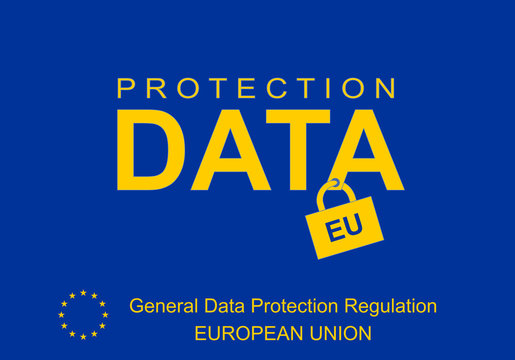 General Data Protection Regulation (EU). Design on blue background.  Symbol of Union stars. Illustration, poster. Banner in blue. Graph of a padlock as a protection concept. Secure.