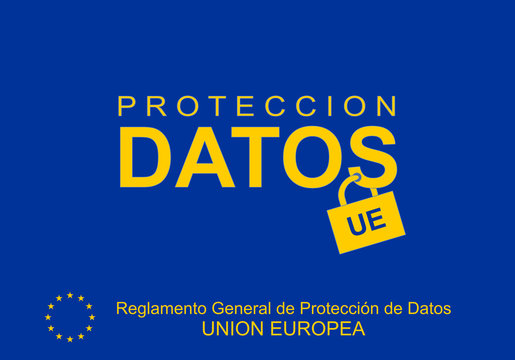 General Data Protection Regulation (EU) text in Spanish. Design on blue background.  Symbol of Union stars. Illustration, poster. Banner in blue. Graph of a padlock as a protection concept. Secure.